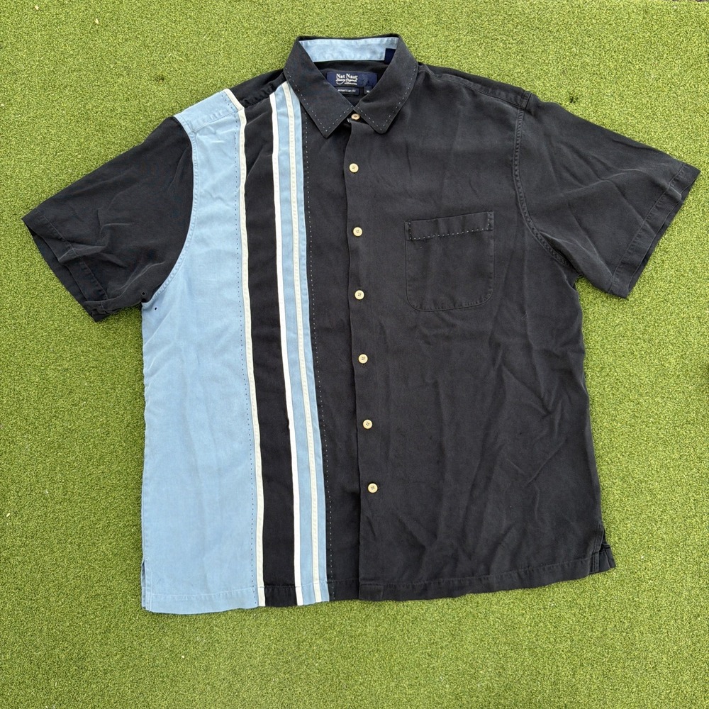 Nat Nast Luxury Originals Mens XL Navy Blue Silk Striped Short Sleeve Shirt